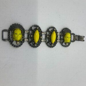 Vtg SELRO SELINI nubian asian princess yellow lucite panel metal bracelet